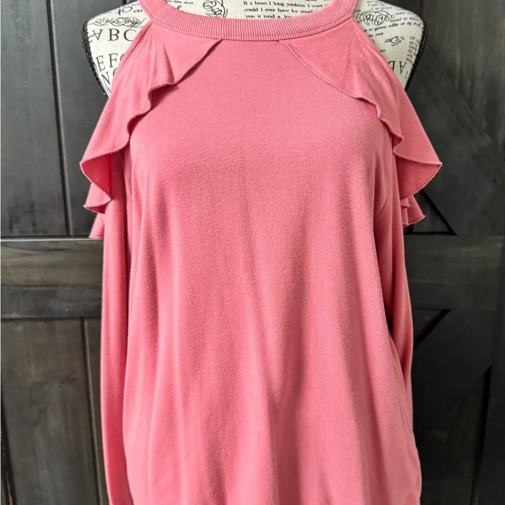 Express Pink Ruffle Cold Shoulder Top - Picture 2 of 6